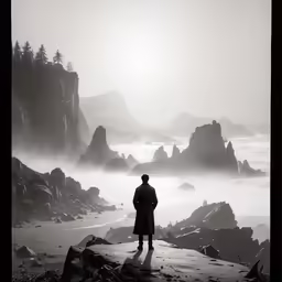 a man standing on a rock by the water