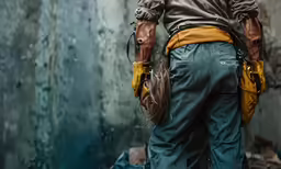 a close up of a figure wearing large chains on his belt