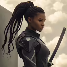 the black panther is standing in front of a building with her sword