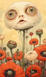 an illustration of the head of a strange creature surrounded by flowers
