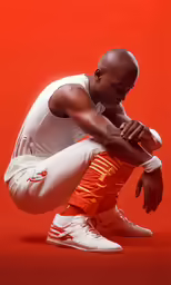 man squatting on one foot in an orange and white pose