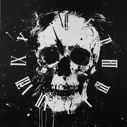a skeleton face with multiple roman numerals and stars
