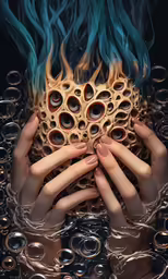 two hands, holding onto a vase, with blue flames rising from them