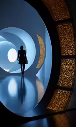 silhouette woman walking in light tunnel at the end of the runway