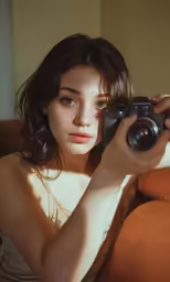 woman in brown dress taking picture with digital camera