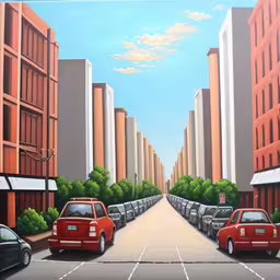 two cars in an empty street with some buildings,a painting of a couple of red vehicles in a parking lot,this painting shows a street with buildings in the background,a painting of cars parked along side a street,a painting of cars parked in front of large buildings