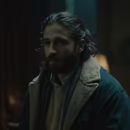 man with long curly hair wearing an overcoat