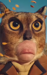 an owl with one eye open standing in front of some leaves