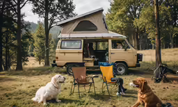 a van with three dogs sitting outside it