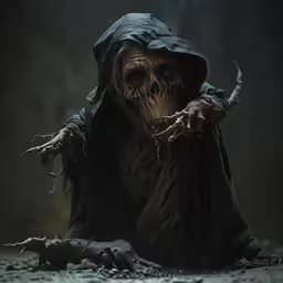scary looking scarecrow in the middle of a dirty field