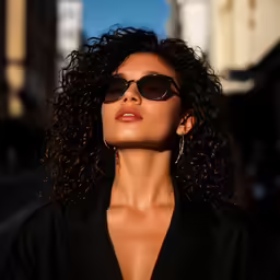 a beautiful young woman wearing sunglasses standing in the street