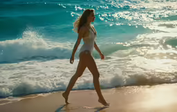 a woman in white bathing suit running along beach