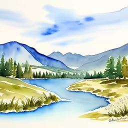 a painting of a mountain scene with a river and trees
