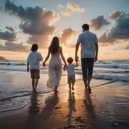 two adults and three children are walking on the beach