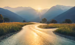 a photo taken from the front of a road with the sun coming up