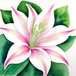 a pink and white lily with green leaves in the background