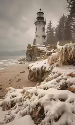 the snow - covered rocks and the tower on the shore