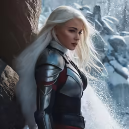 the white haired woman in her armor standing by rocks