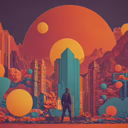 a man standing in front of an orange sunset,there is a man standing in the center of the city with mountains and a giant blue ball