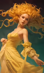 a beautiful woman dressed in a yellow dress