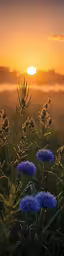 blue flowers and the sun setting in the background
