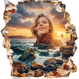 the woman is sitting on rocks with water