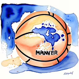 this watercolor drawing is for a manner sports card,the watercolor drawing shows a basketball on top of a blue background,a drawing of a basketball that says manner on it,watercolor painting of a basketball with a name and number,a basketball with the word minnesota and the basketball