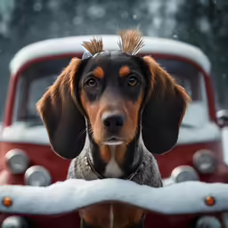 a cute brown and black dog looking from behind a truck
