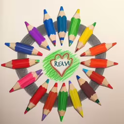 several colored pencils arranged around the word ray in a heart with the words ray written in,a group of colored pencils are arranged in a circle