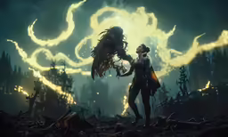 woman looking at strange creature in the night