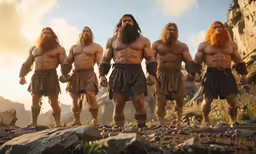 a group of men stand on a cliff wearing different colors and sizes