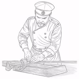 the man in the uniform cuts wood with a saw