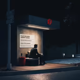 the man sits alone on a bench at night