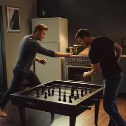 a man and a woman play a game of foosball in a kitchen