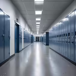 a hallway with blue lockers lined up on both sides