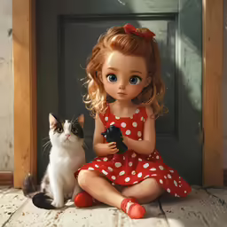 a little girl sitting next to a cat