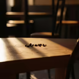 small pieces of dried up bird seed on a wooden table
