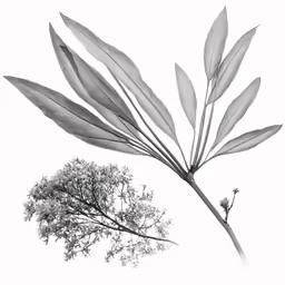 black and white photo of a tree branch and leaves