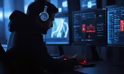 a man is working at a computer in the dark