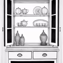 black and white photograph of a china cabinet