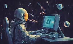 a man in a space suit is using an old computer