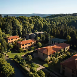 aerial view of several building complex surrounded by trees