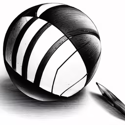 a black and white photo of a ball and pen