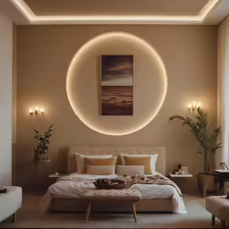 this bedroom is furnished with a round bed
