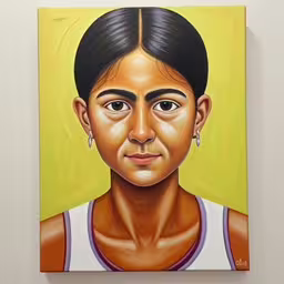 a painting on a wall depicts a woman with big eyes,a painting of a woman with black hair
