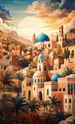 the desert town with palm trees and mountains has blue domes