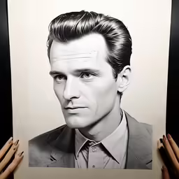 a black and white photo of a person holding a picture