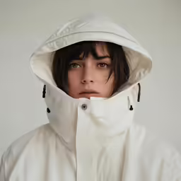 a young woman wearing a white coat and a black collar