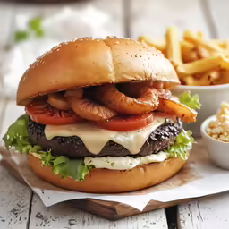 a hamburger with lettuce and tomatoes next to french fries
