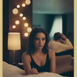 there is a woman sitting on the bed next to a man